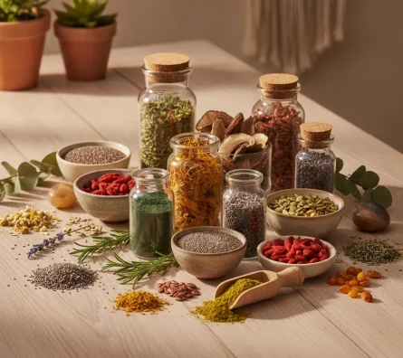 real photo of assorted herbal supplements, seeds, and